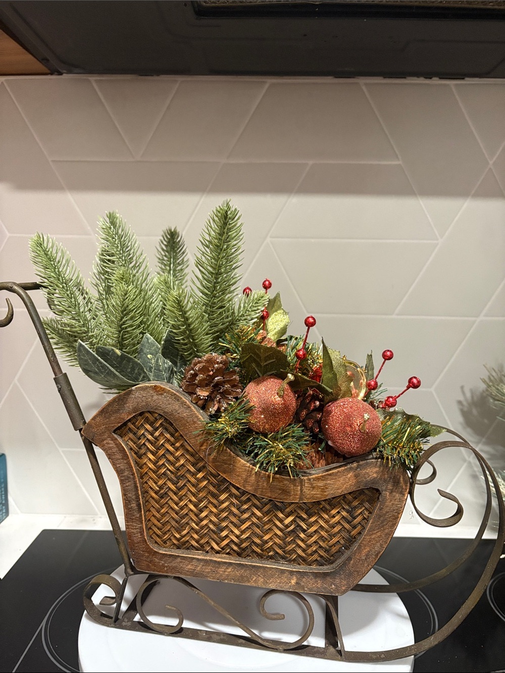 Festive Red & Green Holiday Sleigh Centerpiece